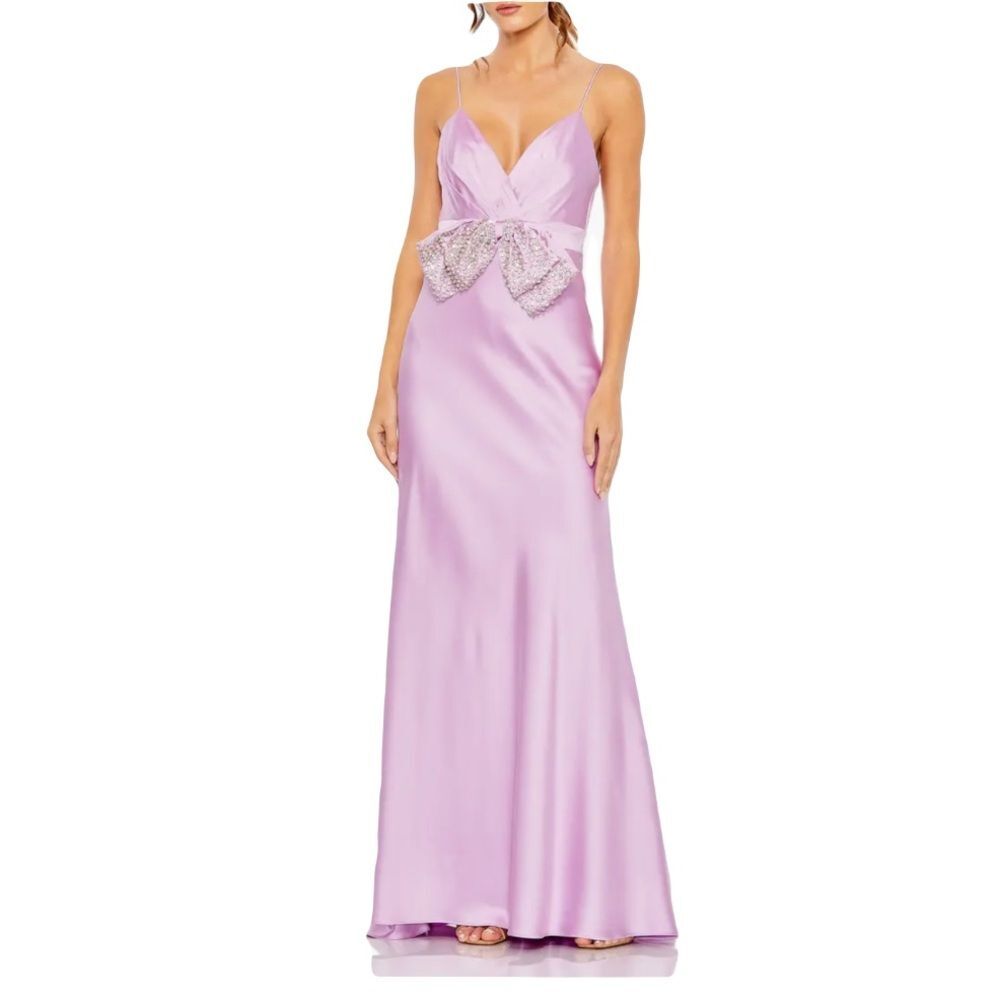 Mac Duggal sz 14 Light Pastel Lavender Satin Crystal gem bow Evening Dress gown